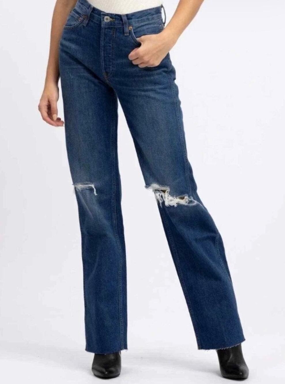 RE/DONE 90's High Rise Loose Distressed Straight Leg Raw Hem Jeans Sz 27 - Picture 1 of 14
